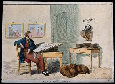 A young artist in his studio contemplating a skull