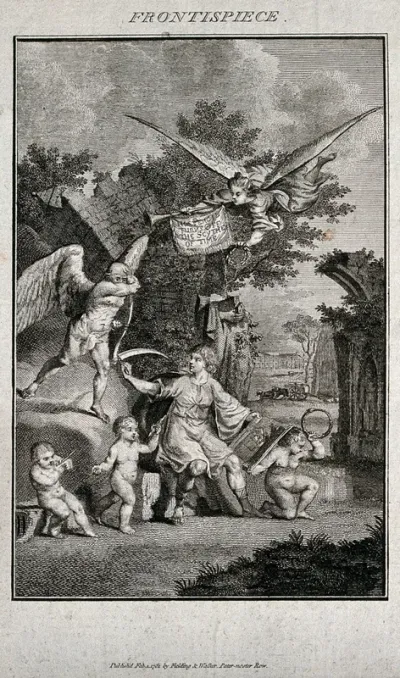 A young artist, sitting among the ruins of mediaeval buildings and drawing a modern country house, holds up his pencil to stop the approaching Chronos, god of time; above, the winged figure of Fame trumpets his genius and awards him a wreath of honou