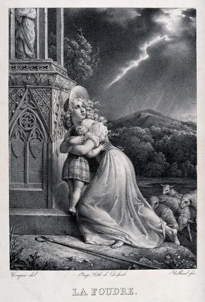 A young barefoot shepherdess and a little girl take refuge near a shrine during a storm