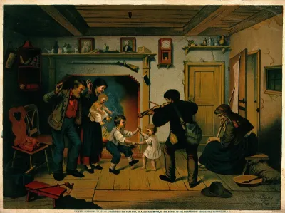 A young black man playing the violin for a white family in their house: a man, his wife and their two children are dancing by the fireplace while an old lady is seated on a bench