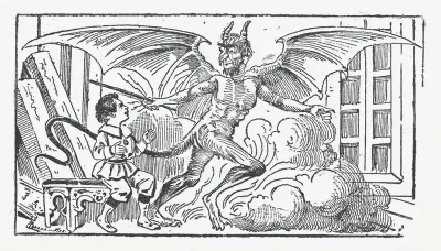 A young boy cowering from a demon, illustration from 'El cuento Nniño de los dulces'