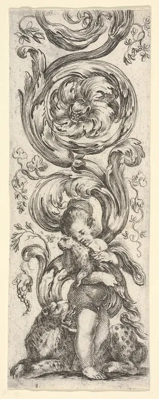 A young boy holding a young leopard in his arms, the mother leopard laying below, from "Ornaments or Grotesques" (Ornamenti o Grottesche)