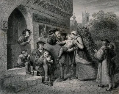 A young child is handed over by its parents for instruction to the man sitting on the step surrounded by other children
