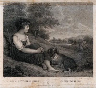 A young child, sitting with a dog, watching her parent, a fern-cutter, at work