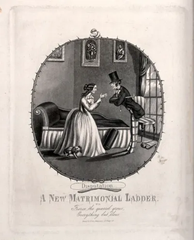 A young couple are having an argument, she is pointing with her finger and he is leaning towards her as the dog hides behind her skirts