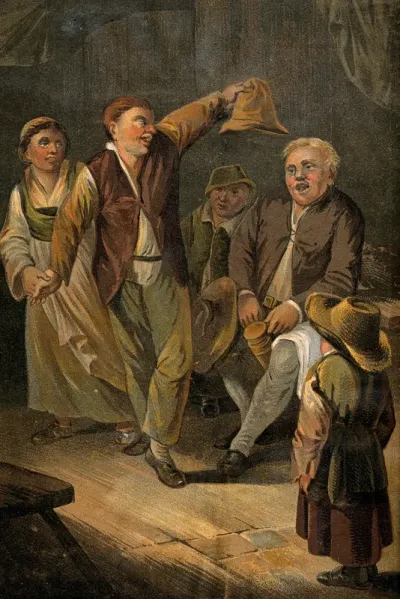 A young couple dancing; the man holds out his hat watched by two seated men and a boy