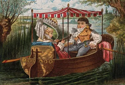 A young couple in Regency costume enjoy an excursion in a canopied boat on the river