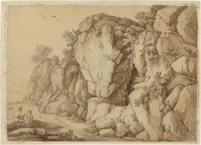 A Young Couple Seated near a Massive Rock Formation