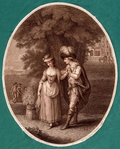 A young couple stand under a tree: she holds a sheaf of corn in one hand, the young man clasps her other hand