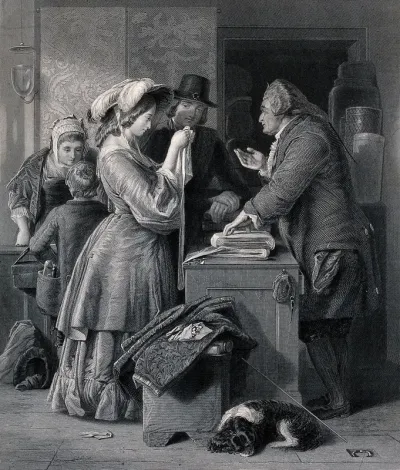 A young couple visiting a draper's shop to choose material for a wedding gown