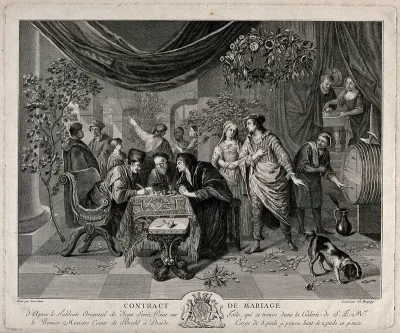 A young couple wait while a contract of marriage is drawn up and the servant waits to take the stop out of the barrel