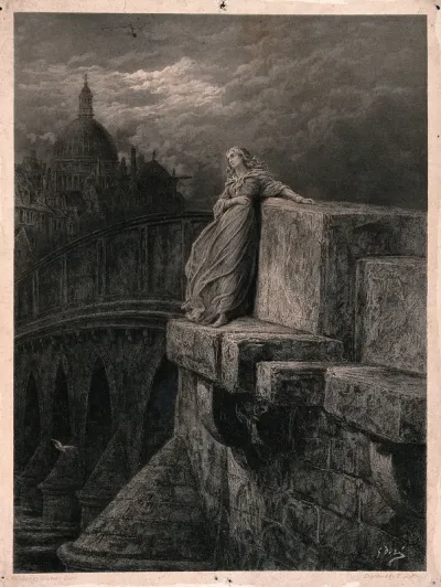 A young distressed woman is standing on the pier of a bridge on the River Thames contemplating suicide