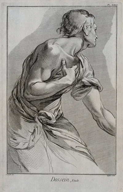 A young draped man looking backwards