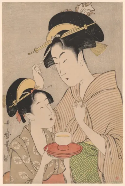 A Young Girl Offering Tea to Another Woman