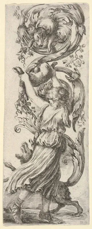 A young girl, seen from behind, lifting a rabbit into the air for a dog above to grasp, another dog at her feet, from "Ornaments or Grotesques" (Ornamenti o Grottesche)