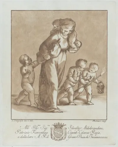 A young girl walks towards the left with one infant on her shoulder and holding another small child's hand, while two children walk at right with a torch and a basket