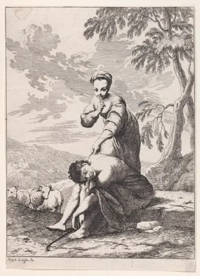 A young girl with a sleeping shepherd