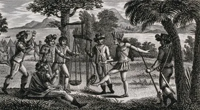 A young Inca man kicking a balance in which the Spanish conquistadors are weighing gold