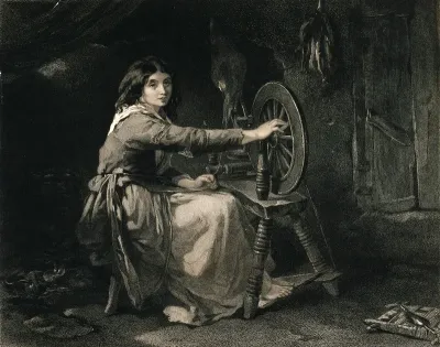 A young Irish woman working at a spinning wheel