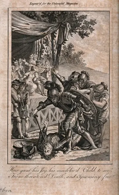 A young knight in armour is about to stab his opponent with his sword and a king rejoices in the background