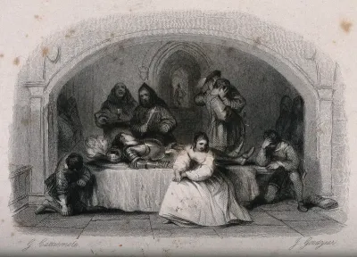 A young knight in full armour receiving extreme unction from a priest surrounded by his grieving family