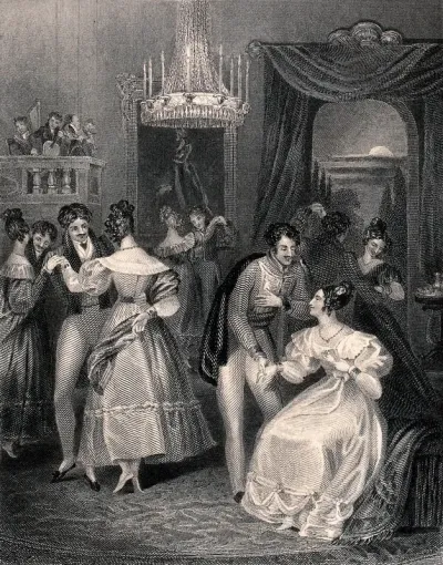 A young lady is being asked by a young man to join the other couples on the dance floor