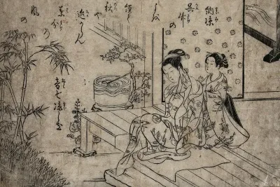 A young maid kneels to massage the shoulders of her mistress, who is seated on a verandah