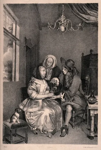 A young male physician stirring a medicinal mixture for a female patient, the patient's mother reassures her, a urine flask is on the table
