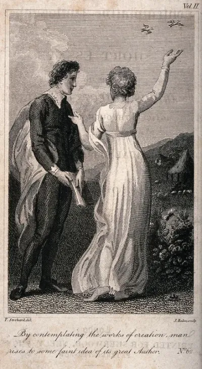 A young man and a woman are standing together in the countryside, he has a book in his hand and she is pointing towards the birds in the sky
