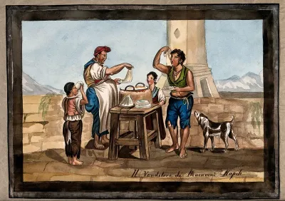 A young man and two smaller children in Naples stand around the stall of a man selling macaroni, eating what he gives them