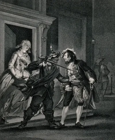 A young man attempting to visit a young lady at a door: he is prevented from doing so by a guard