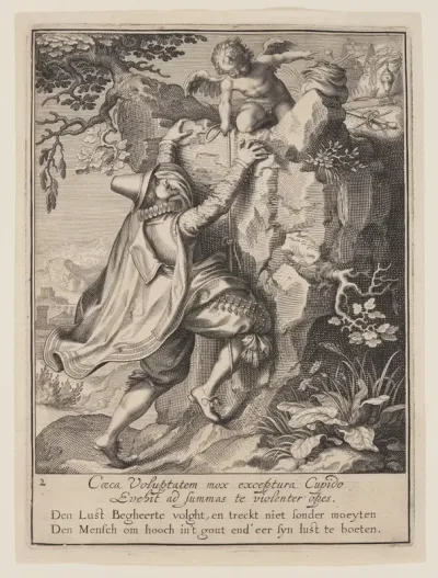A Young Man Climbing a Hillside Aided by Cupid, from Allegory of the Misuse of Worldly Property