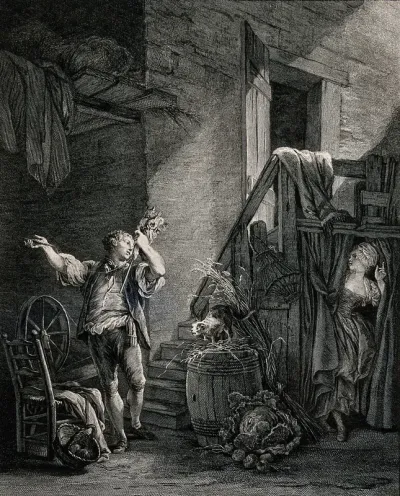 A young man (Colas) attaches his bouquet to the spindle used by Rose, as Rose reveals herself from her hiding place
