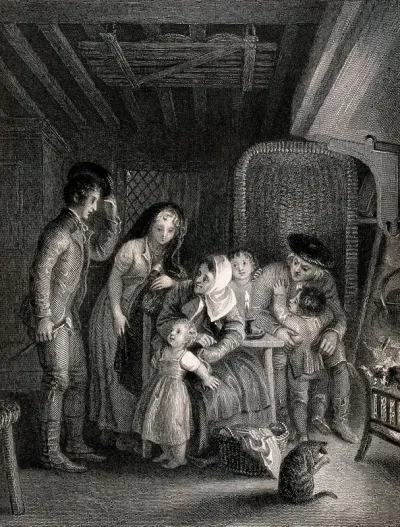 A young man courting a young woman is introduced to her family