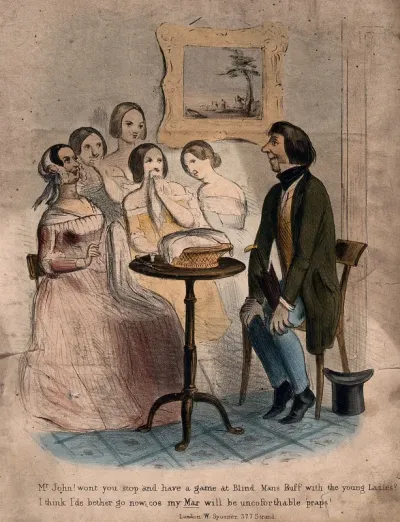 A young man declines the offer of a mother to play Blind Man's Buff with her four daughters