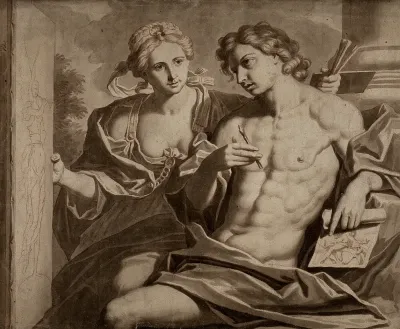 A young man holding a stylus and a drawing, being shown a drawing of Fame by a female figure personifying Painting
