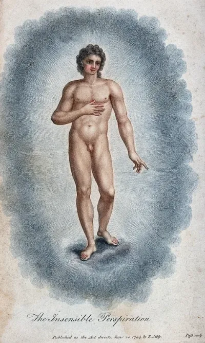 A young man holding his hand to his heart, emanating insensible perspiration