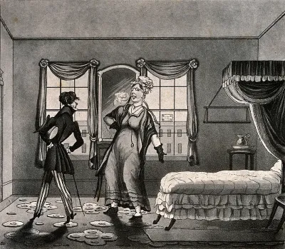 A young man in a frock coat stands talking to a woman who is pointing towards a canopied bed