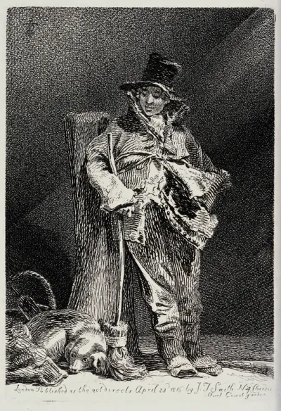 A young man in ragged clothes leaning against the stump of a tree in the moonlight smiling benignly at his sleeping dog on the ground