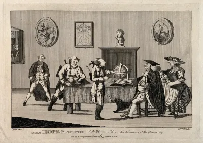 A young man, in the presence of his father, is examined by an academic for admission to university
