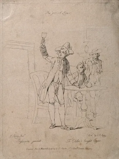 A young man in tricorn hat raises his glass in a toast to his lover