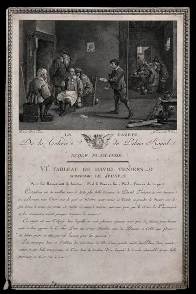 A young man is carrying a letter towards a group of old men who are gathered around a fireplace