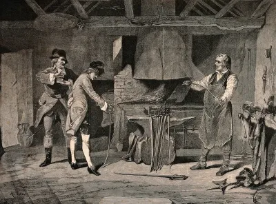 A young man is flexing a sword to test its strength as the sword maker looks on and tests another one