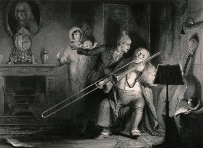 A young man is shouting at a man playing the trombone at 2.30 in the morning, for waking him and his family up during the night