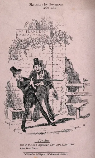 A young man learning to shoot aims a rifle at a pet bird tied to a stile; a companion backs against the wall to get out of the way