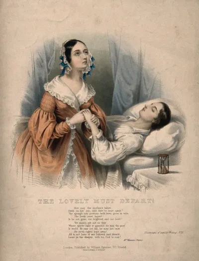 A young man lies dying, a woman weeps as she holds his hand, an hourglass stands on the table