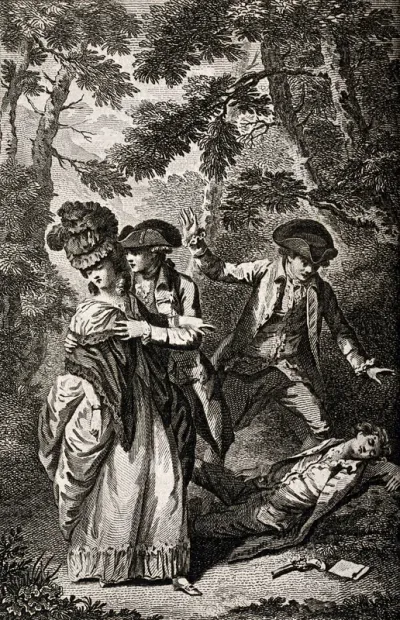 A young man lies on the ground with a letter and a pistol alongside him, two other young men and a woman are nearby looking distraught