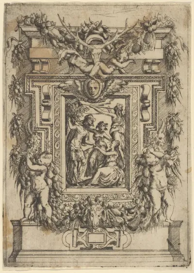 A young man offers his hand to a seated woman, another woman stands between them and a third blows a trumpet behind them, set within an elaborate frame