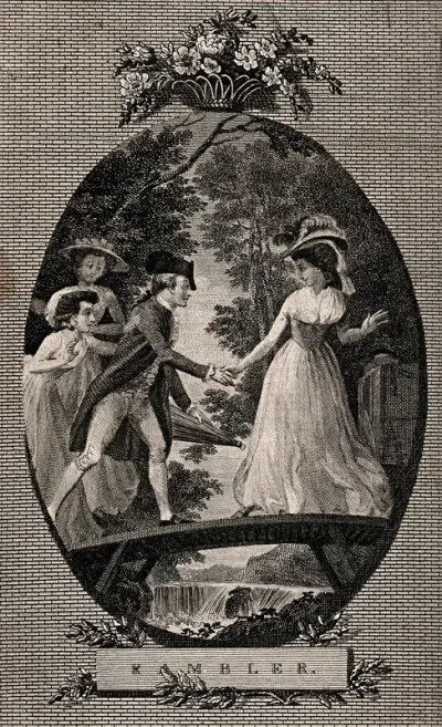 A young man offers his hand to help a young woman cross a bridge over a brook, but she turns back as the bridge is too narrow