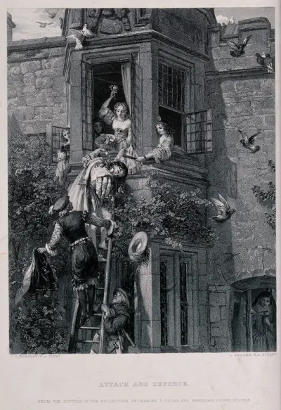 A young man on a ladder leading to an upstairs window from where young women pelt him with flowers